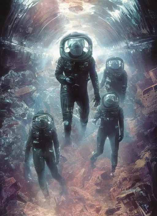 Image similar to astronauts in dark void underwater - complex and hyperdetailed technical suit. reflection and dispersion materials. rays and dispersion of light. volumetric light. f / 3 2. noise film photo. flash photography. ultra realistic, wide angle. poster by wayne barlowe, hajime sorayama aaron horkey, craig mullins