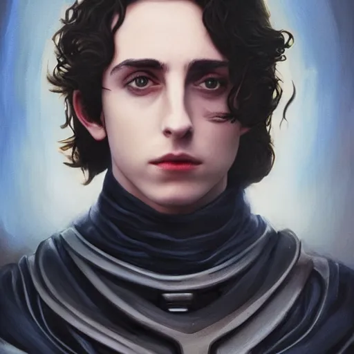 Image similar to realistic paul atreides emperor of the known universe, perfect dramatic and dark portrait by rabbitary b, trending on artstation, deviantart, dune, low angle oil painting and composition laws, dark foggy background, timothee chalamet but he is older, denis villeneuve cinematography