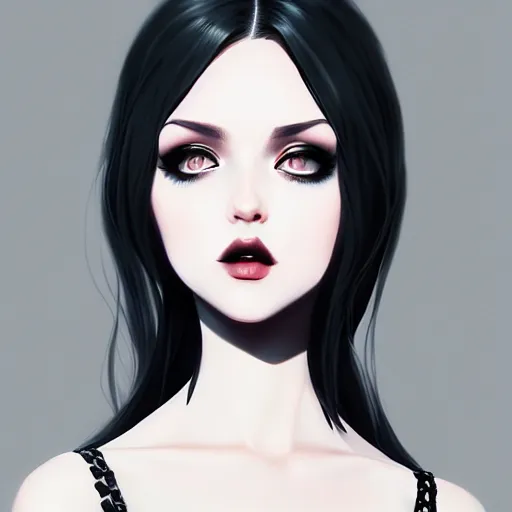 Image similar to goth gf e-girl, elegant, 2d, ultra highly detailed, digital painting, smooth, sharp focus, artstation, pixiv, art by Ilya Kuvshinov