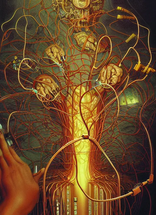 Prompt: realistic detailed image of a human brain connected with wires and cords to a computer from 90s in an old cozy soviet apartment by Ayami Kojima, Amano, Karol Bak, Greg Hildebrandt, and Mark Brooks, Neo-Gothic, gothic, rich deep colors. Beksinski painting, part by Adrian Ghenie and Gerhard Richter. art by Takato Yamamoto. masterpiece. realistic detailed image