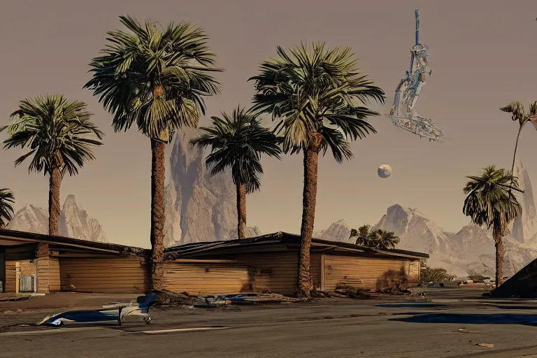 Prompt: broken robot | abandoned motel | palm trees | snowy mountains | moon in sky, painting by syd mead and weta studio and moebius and james jean and frank frazetta, gta san - andreas game screenshot, highly detailed, rule of third, soft lighting, architectural magazine, insanely intricate details, artstation trending, hypermaximalistic, high details, cinematic