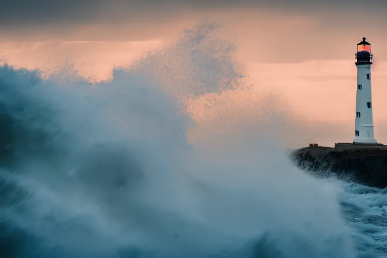 Image similar to film still of a lighthouse at bad weather with heavy waves, photography, natural light, cinematic, 8 k