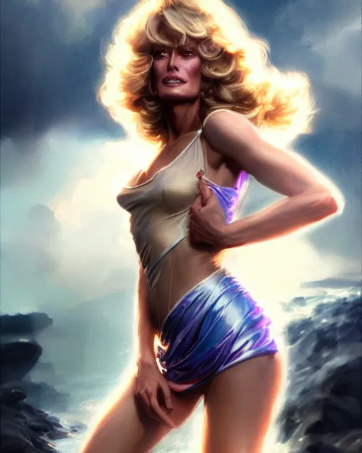 Image similar to photo of farra fawcett, film still, dslr, by greg rutkowski, enoch bolles, ross tran, artgerm, wlop glossy skin, intricate detail, art deco, pearlescent, very coherent, alluring