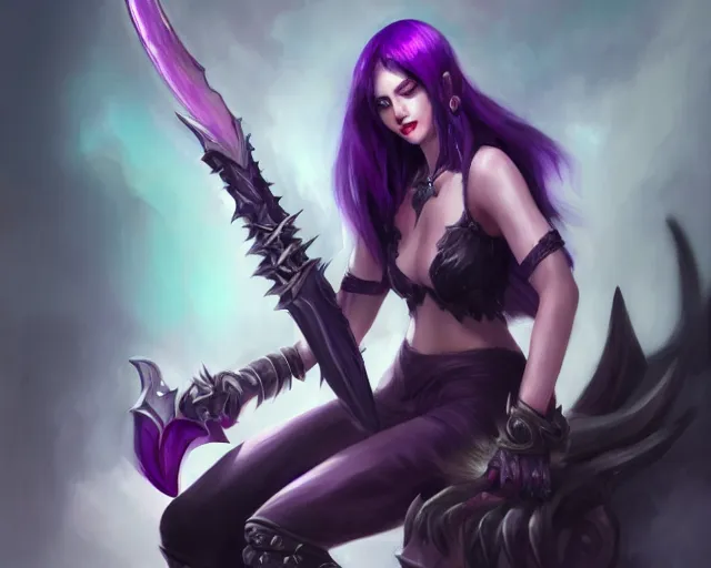 Image similar to purple hair demon hunter sharpening glaive sitting down, artstation; by astri lohne, kanliu666, chengwei pan, mingchen Shen, feng wei, crow god