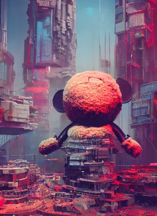 Image similar to giant destroyed head of cyberpunk mickey mouse surrounded by engineers, inside of abandoned netflix office, by beeple, dystopia, golden ratio, octane render, redshift, trending on artstation, 8 k