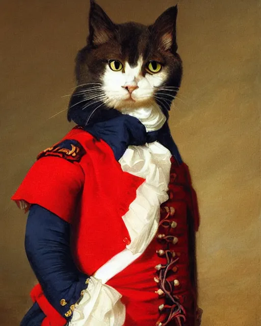 Image similar to portrait of cute dark brown cat with serious expression wearing 1 8 th century royal guard uniform in navy blue and red, joseph ducreux, greg rutkowski, regal, royal, princely, painting
