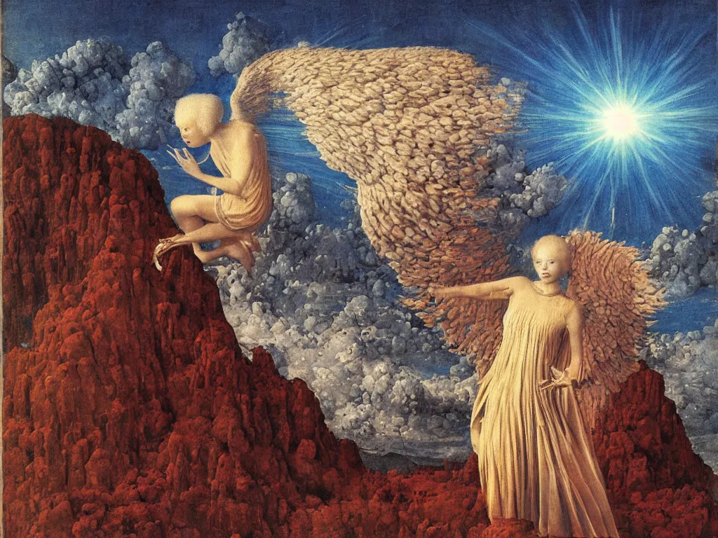 Image similar to Portrait of terrifying Blue star clad albino angel with nuclear explosion, dark, toxic smoke. Icy surreal mountains at night. Coral-like pebbles, autumn light. Painting by Jan van Eyck, Fra Filippo Lippi, Rene Magritte, Agnes Pelton, Max Ernst, Beksinski