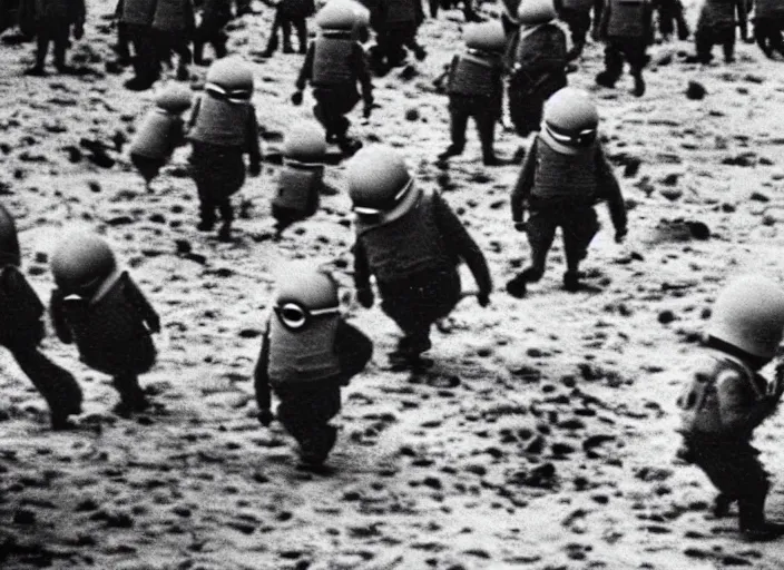 Prompt: despicable me minions storming the beaches of Normandy on d-day, world war 2 old photo, grainy