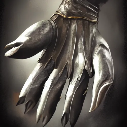 Image similar to metal claws on gloves, weaponized gauntlett, old gloves with attached talons, pointy fingertips, dark background, highly detailed, 8 k, trending on artstation, mystic, rpg artwork, by peter jackson, by sauron