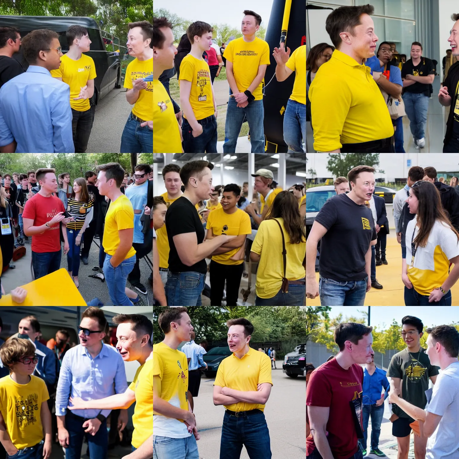 Prompt: student in yellow shirt talking to elon musk on a rocket