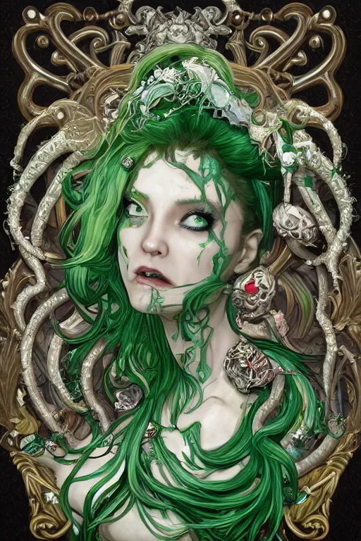 Prompt: rococo upper body portrait sigil with the intent of conquering the world lovecraftian undead zombie queen, green hair, bytian zi and wlop and alphonse mucha ornaments and gems hdr 8 k 3 d dslr hdr trending on artstation rendered with cryengine