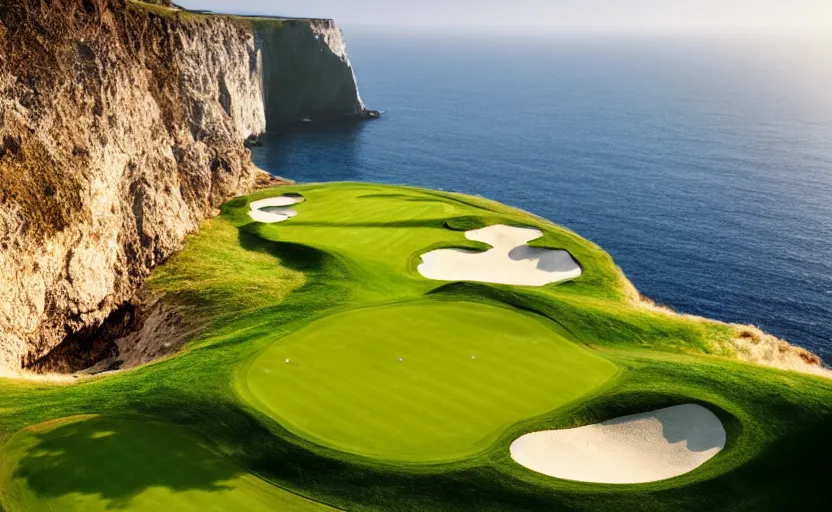 Image similar to a great photograph of the most amazing golf hole in the world, incredible light, cliffs by the sea, perfect green fairway, human perspective, ambient light, 5 0 mm, golf digest, top 1 0 0, fog