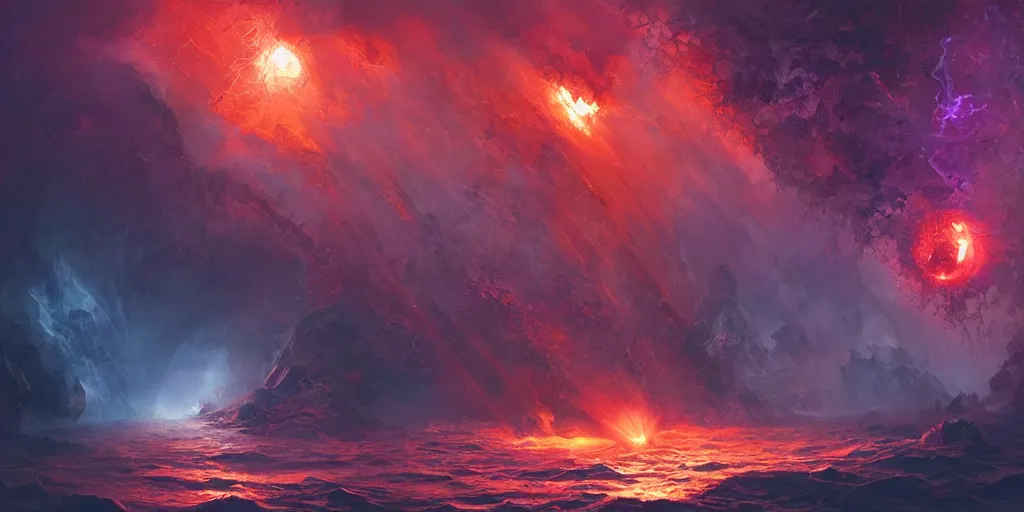 Image similar to arcs of purple flame, water waves, shards of mercury, dramatic lighting, secret cypher, red flowers, solar flares, intricate art by greg rutkowski