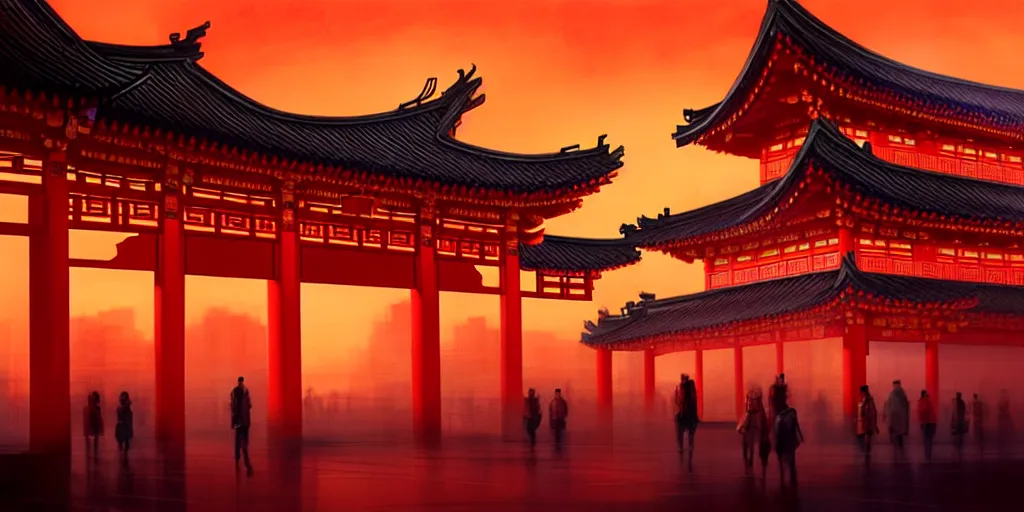 Image similar to chinese temple architecture with cyberpunk neon signs, orange sky, japanese town, cinematic view, concept art, high detail, well lit, volumetric, godrays, vivid, sunrise, trending on artstation, by jordan grimmer, art greg rutkowski