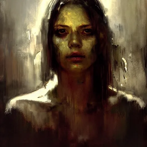 Prompt: portrait of the death angel, beautiful female face, angelic, dark, blood, by jeremy mann