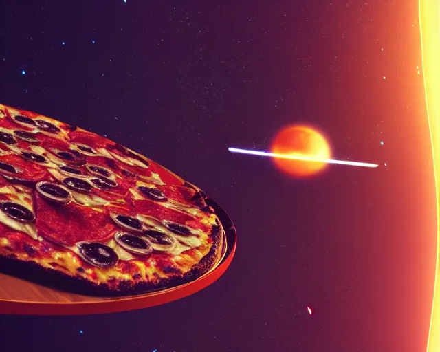 Image similar to a single slice of pizza spaceship in orbit over a single planet space starwars 3 d render starwars clonewars 4 k atmospheric cinematic shot octane render high definition