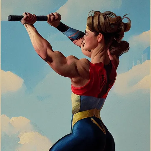 Image similar to socialist realism propaganda poster of margot robbie as beautiful female very muscular weightlifter from overwatch, portrait, profile picture, socialist realism, highly detailed, intricate, digital painting, artstation, sharp focus, illustration, art by jakub rozalski, greg rutkowski, artgerm, tan zi and ayanamikodon and alphonse mucha and wlop