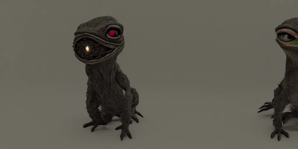 Image similar to pepe, horror, dark cinematic, volumetric, realistic, 3d render, Realistic Render, Cinematic lighting, Volumetric lighting, atmospheric, cinematic, unreal engine, unreal engine render, octane render, HD, photorealism, hyper realistic, photo, 8K, in the style of Chris Cunnigham, by Wes Anderson