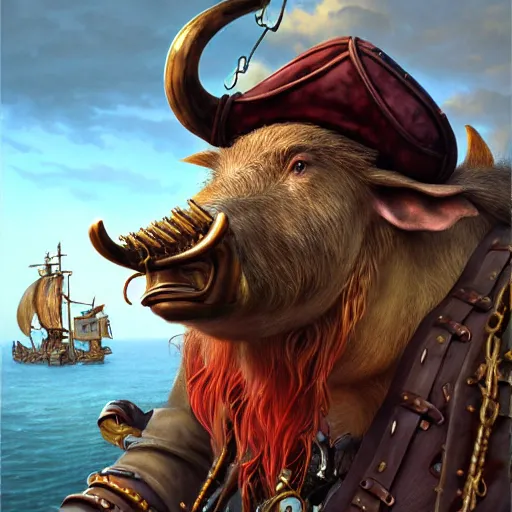 Image similar to portrait of a boar pirate with tusks, male, handsome, masculine, full body, red hair, long hair, soft hair, fantasy, intricate, elegant, highly detailed, steampunk, airship, digital painting, artstation, concept art, character art, smooth, sharp focus, illustration, art by artgerm and greg rutkowski and alphonse mucha
