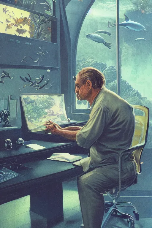 Prompt: photo of an aquarium behind a director seated at a desk, tim hildebrandt, by wayne barlowe, trending on artstation, cinematic composition, simple detail. greenish lighting,