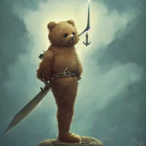 Prompt: a teddy bear pointing a sword at the sky, illustrated by miyazaki by karol bak, james jean, tom bagshaw, rococo, sharp focus, trending on artstation, cinematic lighting