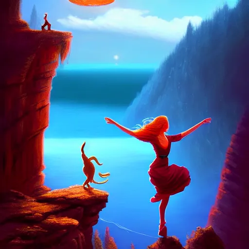 Image similar to the fool tarot card, a maiden dances on the edge of a cliff with a little dog barking beside her, 8 k resolution digital painting, cinematic lighting, deviantart artstation, by alena aenami, by michael whelan, bokeh, behance hd