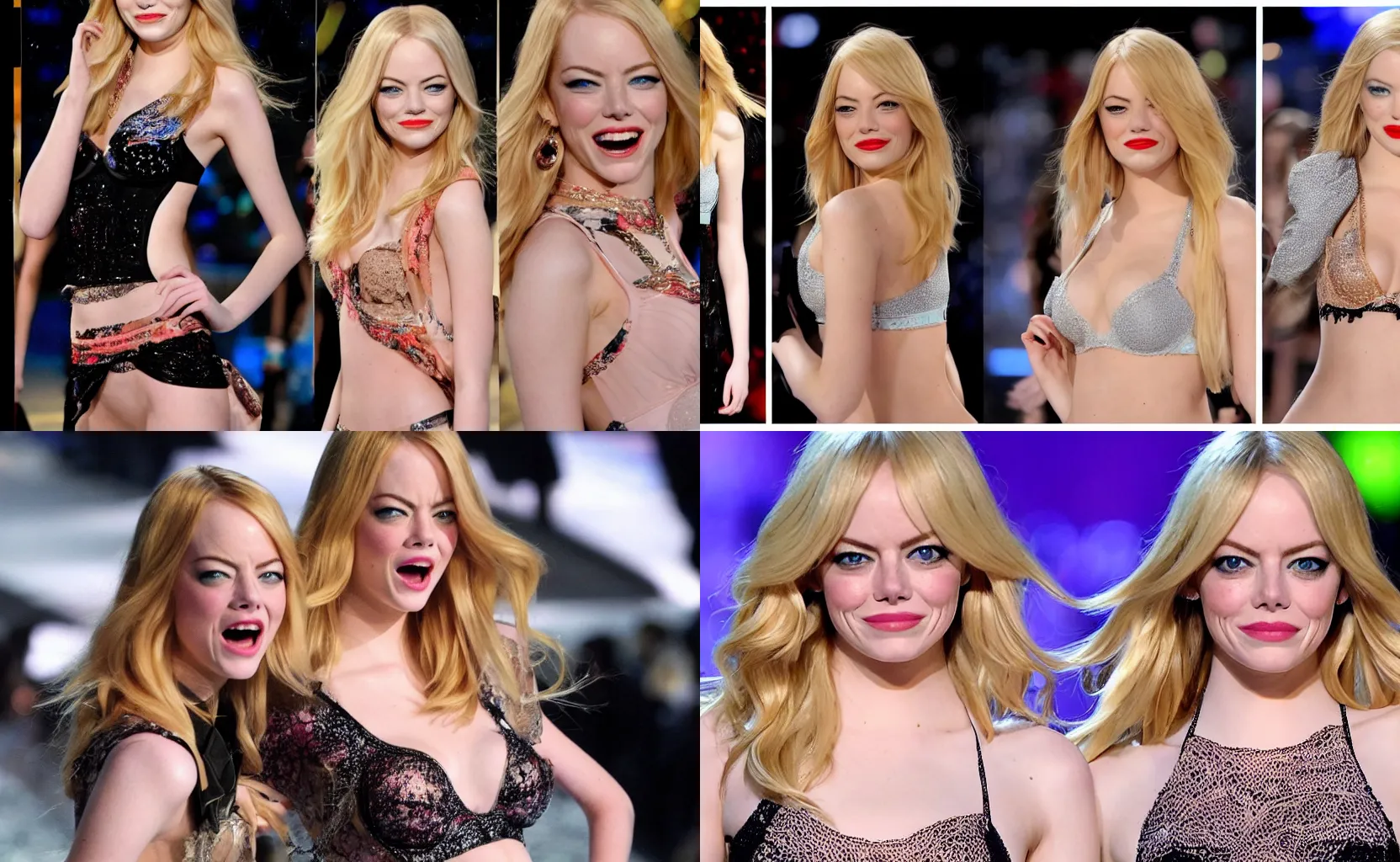 Prompt: blonde Emma Stone with an angry face on Victoria's Secret Fashion Show