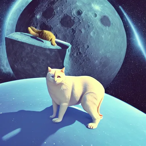 Prompt: a big fat cat guards a big fat dog on the moon, 3 d render, cosmic vibes