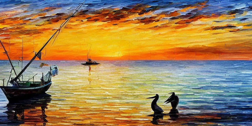 Prompt: rising sun ( ( ( fishing cormorant, fishing boat ) ) ) on the naples bay, by leonid afremov and moebius