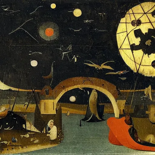 Prompt: The performance art shows a group of flying islands, each with its own unique landscape, floating in the night sky. The islands are connected by a network of bridges, and a small group of people can be seen walking along one of the bridges. Mediterranean by Hieronymous Bosch straight