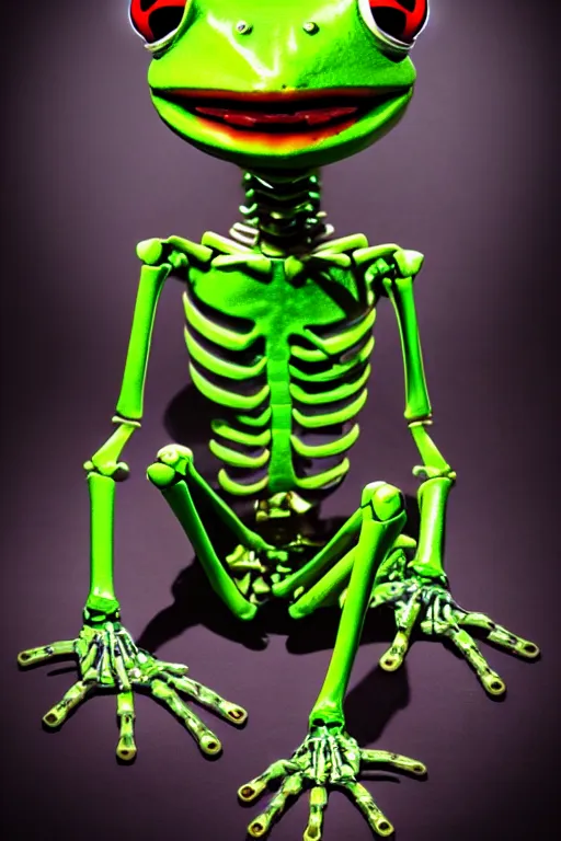 Image similar to movie poster of kermit the terminator, chromatic humanoid skeleton frog skeleton hybrid, robot, ultra realistic, cinematic lighting hd photography,