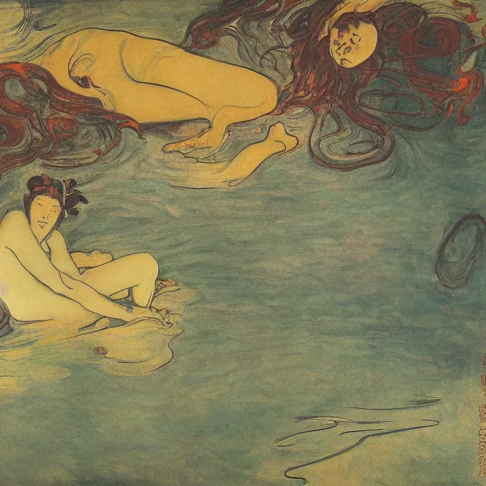 Image similar to shunga scene with turbulent river. painting by munch, agnes pelton, egon schiele, henri de toulouse - lautrec, utamaro, monet