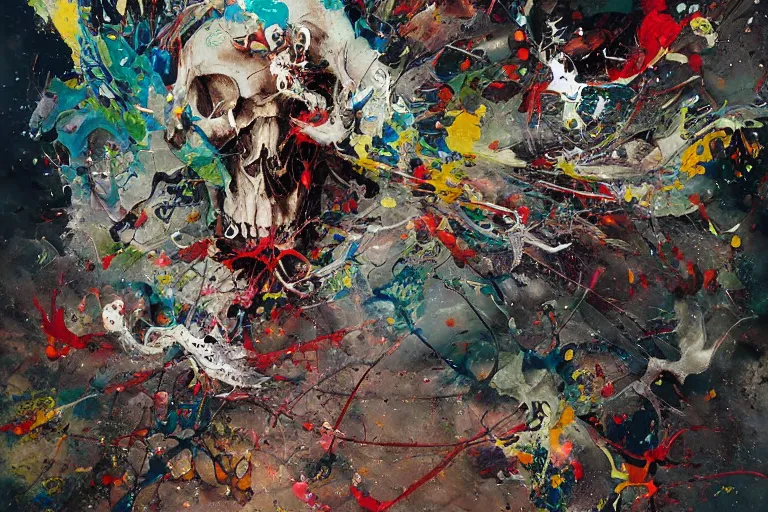 Image similar to a splattered action painting by jackson pollock showing a skull, ultradetailed, fine art painting, peter mohrbacher, moebius, skull carving, frottage, watercolor, acrylic, multilayered paint, spectacular splatter explosion, psychedelic art