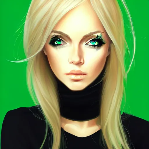 Image similar to long shot of blonde girl in black top, and with green eyes, digital art, trending on artstation