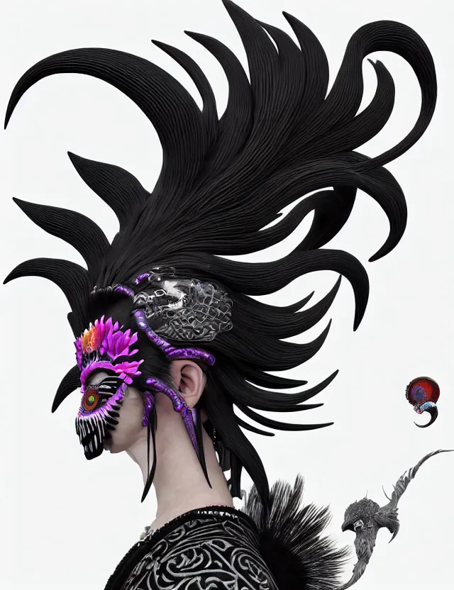 Image similar to 3 d goddess close - up profile portrait punk with mohawk with ram skull. beautiful intricately detailed japanese crow kitsune mask and clasical japanese kimono. betta fish, jellyfish phoenix, bio luminescent, plasma, ice, water, wind, creature, artwork by tooth wu and wlop and beeple and greg rutkowski