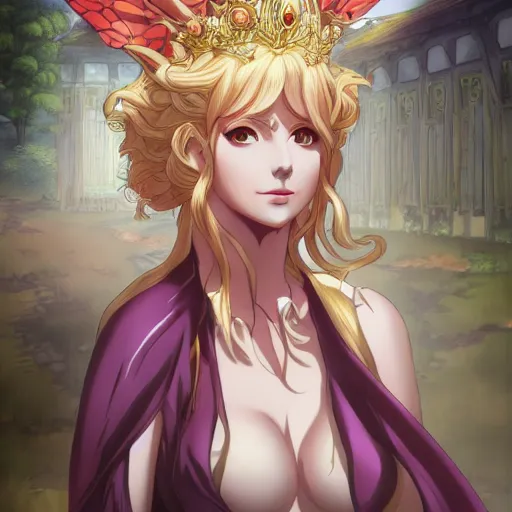 Image similar to portrait of the tyrant queen of faeries britain, anime fantasy illustration by tomoyuki yamasaki, kyoto studio, madhouse, ufotable, comixwave films, trending on artstation