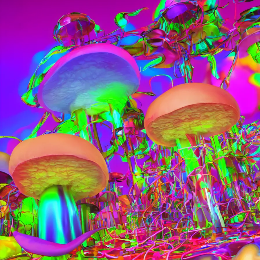 Image similar to big colorful mushroom, a computer render by jonathan zawada, flume, a 3 d render, featured on polycount, shutterstock contest winner, psychedelic art, psychedelic, rendered in cinema 4 d, 3 d