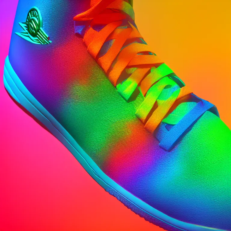 Image similar to photography of a realistic rainbow color air jordan sneaker, ultra detailed, 8 k, cinematic lighting, natural background, trending on artstation