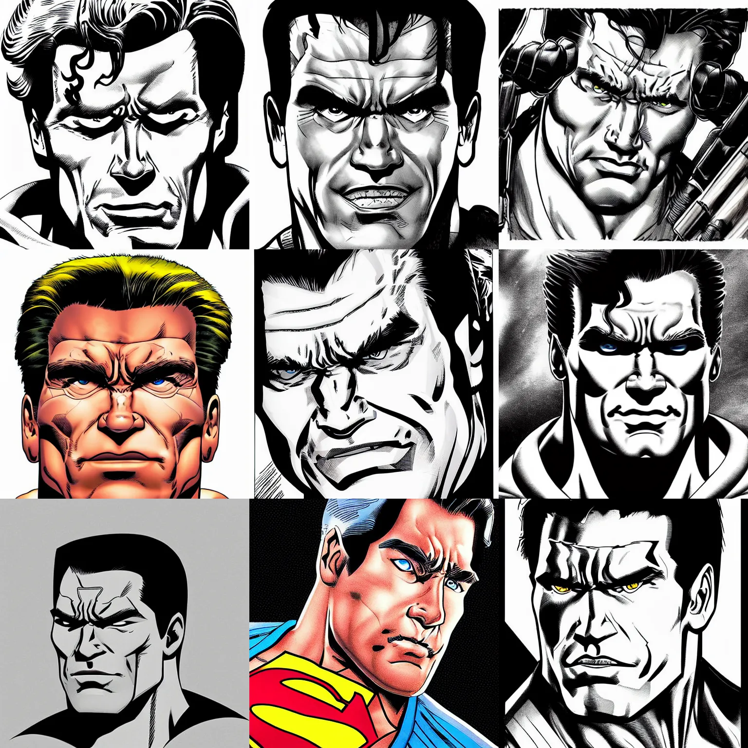 Prompt: schwarzenegger!!! jim lee!!! macro face calm shot!! flat ink sketch by jim lee face close up headshot superman costume in the style of jim lee, x - men superhero comic book character by jim lee