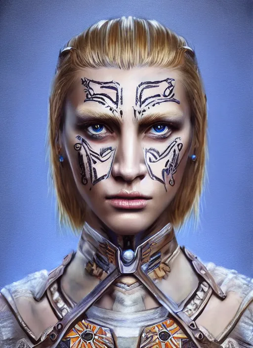 Prompt: full - body portrait of slavic young woman warrior, front, symmetrical, extremely detailed face, face war paintings, beautiful face, short blonde hair, blue eyes, digital painting, unreal engine, true anatomy, behance frm 4 6, art by evgeny zubkov