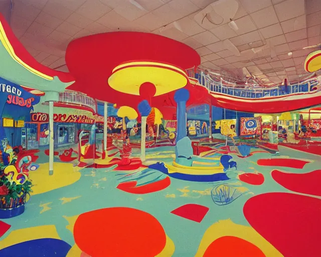 Image similar to the interior of a colorful dr. seuss - themed 1 9 8 0 s mall with mall - goers