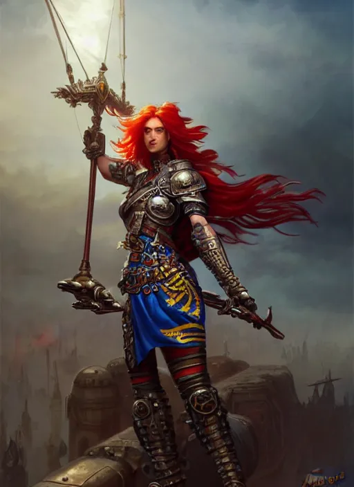 Prompt: upper body shot of a warrior with Ukrainian flag, D&D, handsome, fantasy, intricate, long hair, steampunk airship in backdrop, steampunk, red hair, elegant, highly detailed, digital painting, artstation, concept art, smooth, sharp focus, illustration, art by artgerm and greg rutkowski and alphonse mucha