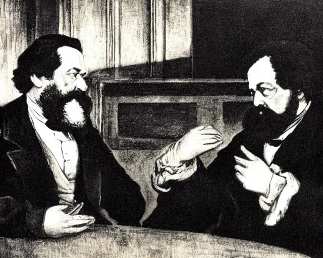 Image similar to karl marx chatting with aristotle in a bar, nighttime, noir, golden lights, calm feeling