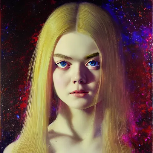 Image similar to ultra realistic medium shot masterpiece portrait painting of elle fanning in the painted world of prey and bruce pennington, apocalypse, cosmic horror, artstation, art by frank frazetta, 4 k, ultra realistic, highly detailed, epic lighting