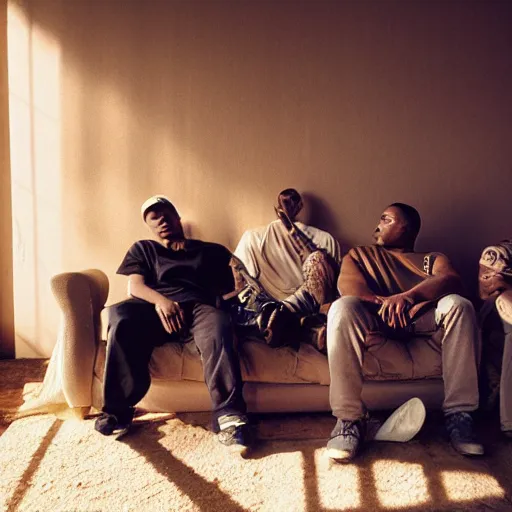 Image similar to gang members chilling around dirty couch in a beige room thick atmospheric dust sun barely shines through the blinds jonathan zawada style photography