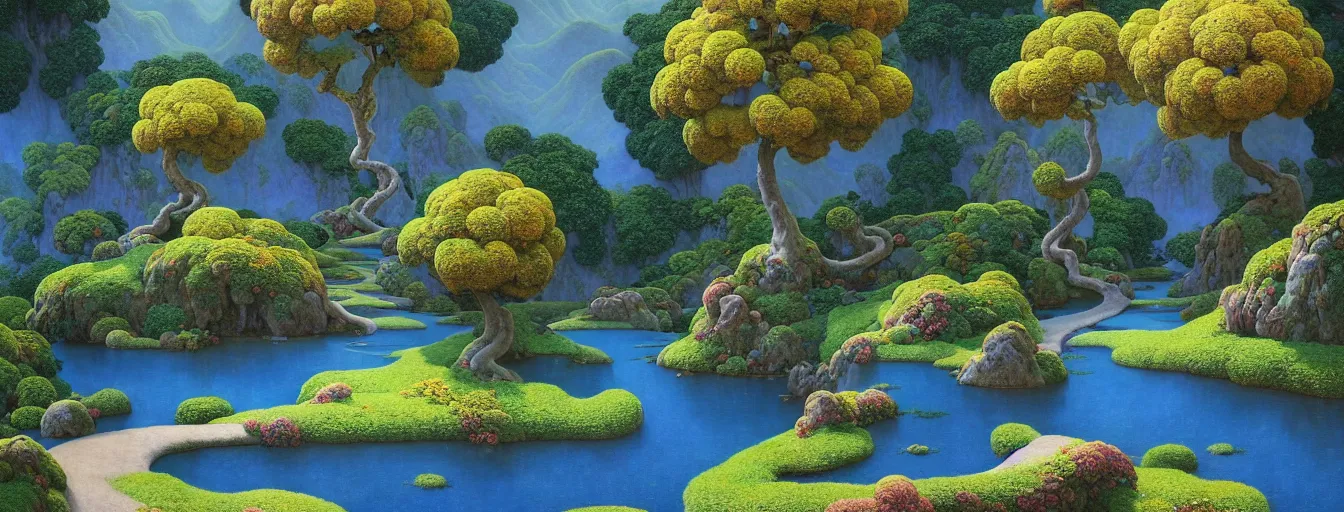 Image similar to a gorgeous very early spring series of lush islands separated by flower - lined streams, twisted gardens, painting by barlowe wayne maxfield parrish and marco mazzoni. tree no leaf!!!! china mountain village!! grey blue and very little light verdancy. the winding stone steps. ultra clear detailed. 3 d, octane render. turbulent blood lake.