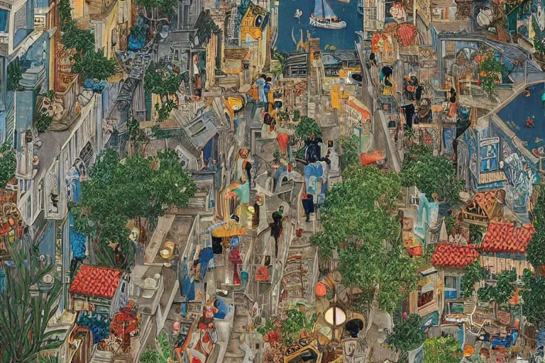 Image similar to an elaborate and dense painting of a peaceful neighborhood in tron, detailed, made of alcohol ink on parchment and penned illustrations, by wes anderson and geoff darrow