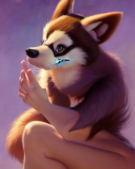 Image similar to painting of anthromorphic female skunk, zootopia, fursona, furaffinity, 4 k, deviantart, furry art, wolf fursona, very expressive detailed feminine face, gaston bussiere, craig mullins, jc leyendecker, gustav klimt, artgerm, greg rutkowski, alphonse mucha