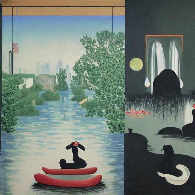 Image similar to painting of flood waters inside an apartment, emo catgirl art student, a river flooding inside, taps with running water, tangelos, zen, pigs, ikebana, water, river, rapids, waterfall, black swans, canoe, pomegranate, berries dripping, acrylic on canvas, surrealist, by magritte and monet