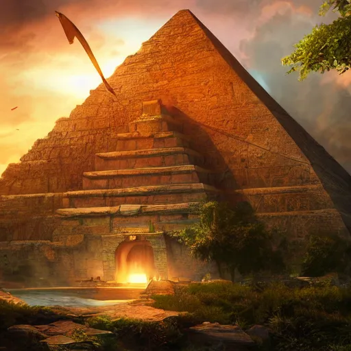 Prompt: magical ancient pyramid, gold, treasure, lara croft charater, realistic illustration, pyramid surrounded with greenery, illustrations, 3 d render, illustrated, incredible details, highly detailed, photorealistic, disney pixar, octane render, iridescent, anime, 8 k